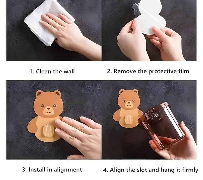 Dharmkul Dharmkul Toothbrush Holder Self-Adhesive Waterproof Teddy Bear Style Plastic Stand with Drain Bathroom Cup Toothpaste Comb Brush Shaver Pen Razor Cream and Lotion Organizer - Image 4