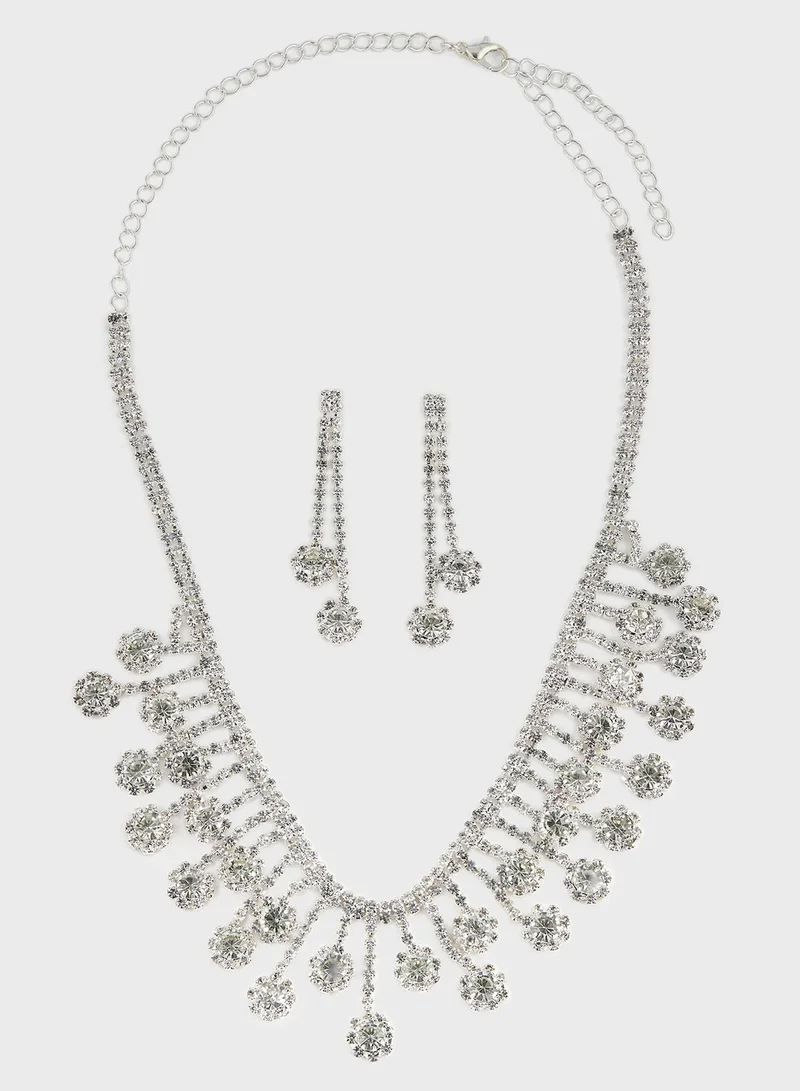 Ella Limited Edition Rhinestone Floral Necklace & Drop Earring Set