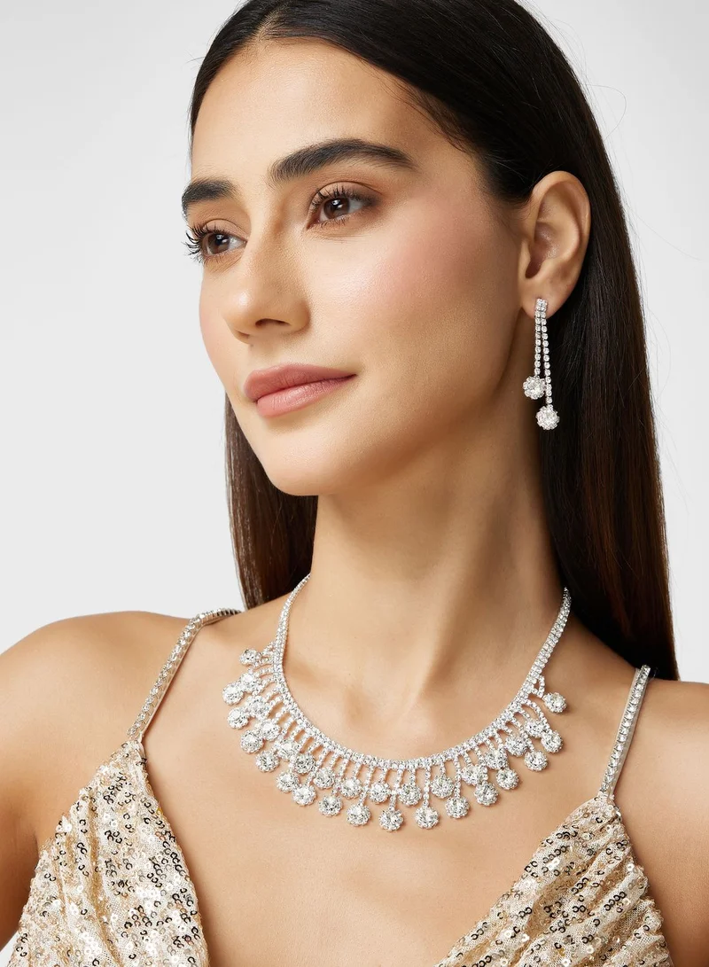 Ella Limited Edition Rhinestone Floral Necklace & Drop Earring Set