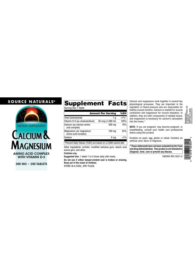 Source Naturals Source Naturals Calcium & Magnesium, Amino Acid Complex with Vitamin D-3, 300 MG - 250 Tablets  - Image 4