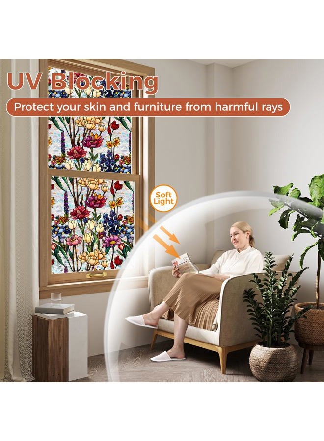 Aomkmi Stained Glass Privacy Window Film, 2PCS UV Resistant Heat Control Static Cling Decal, Vintage Flower Sun Blocking Film Bathroom Bedroom Sunroof Decor, 17 x 78.74 Inch - Image 3