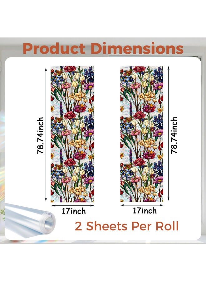 Aomkmi Stained Glass Privacy Window Film, 2PCS UV Resistant Heat Control Static Cling Decal, Vintage Flower Sun Blocking Film Bathroom Bedroom Sunroof Decor, 17 x 78.74 Inch - Image 2