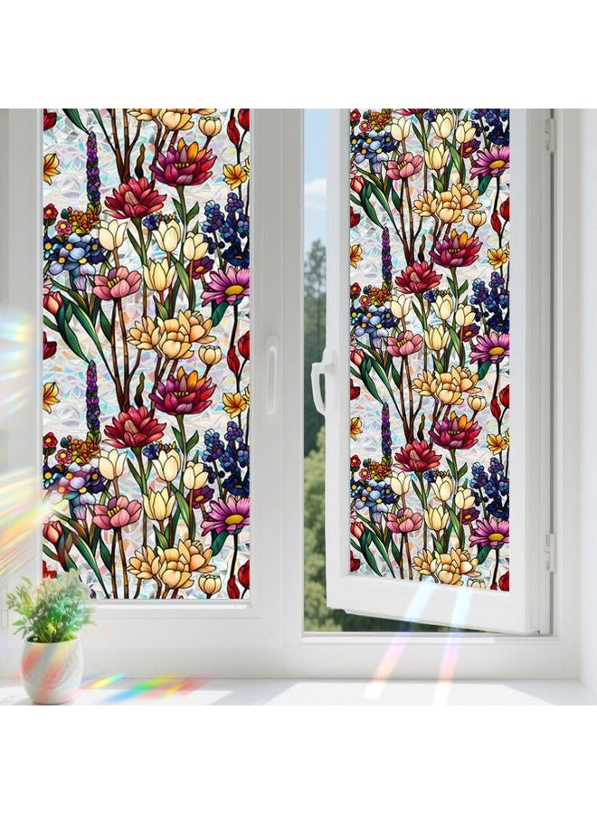 Aomkmi Stained Glass Privacy Window Film, 2PCS UV Resistant Heat Control Static Cling Decal, Vintage Flower Sun Blocking Film Bathroom Bedroom Sunroof Decor, 17 x 78.74 Inch - Image 1