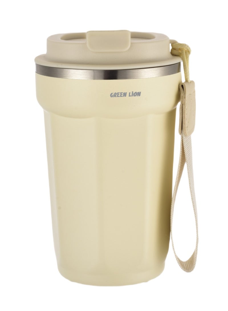 GREEN LION Vacuum Mug 380 ml / Double-Wall Vacuum Insulation / Food-grade Material / 4-6 Hours Hot & Cold Drinks /Bottle Carrier Strap /Coffee/Tea/Chilled Refreshments /For Travel/Work Durable Mug - Beige - Image 1