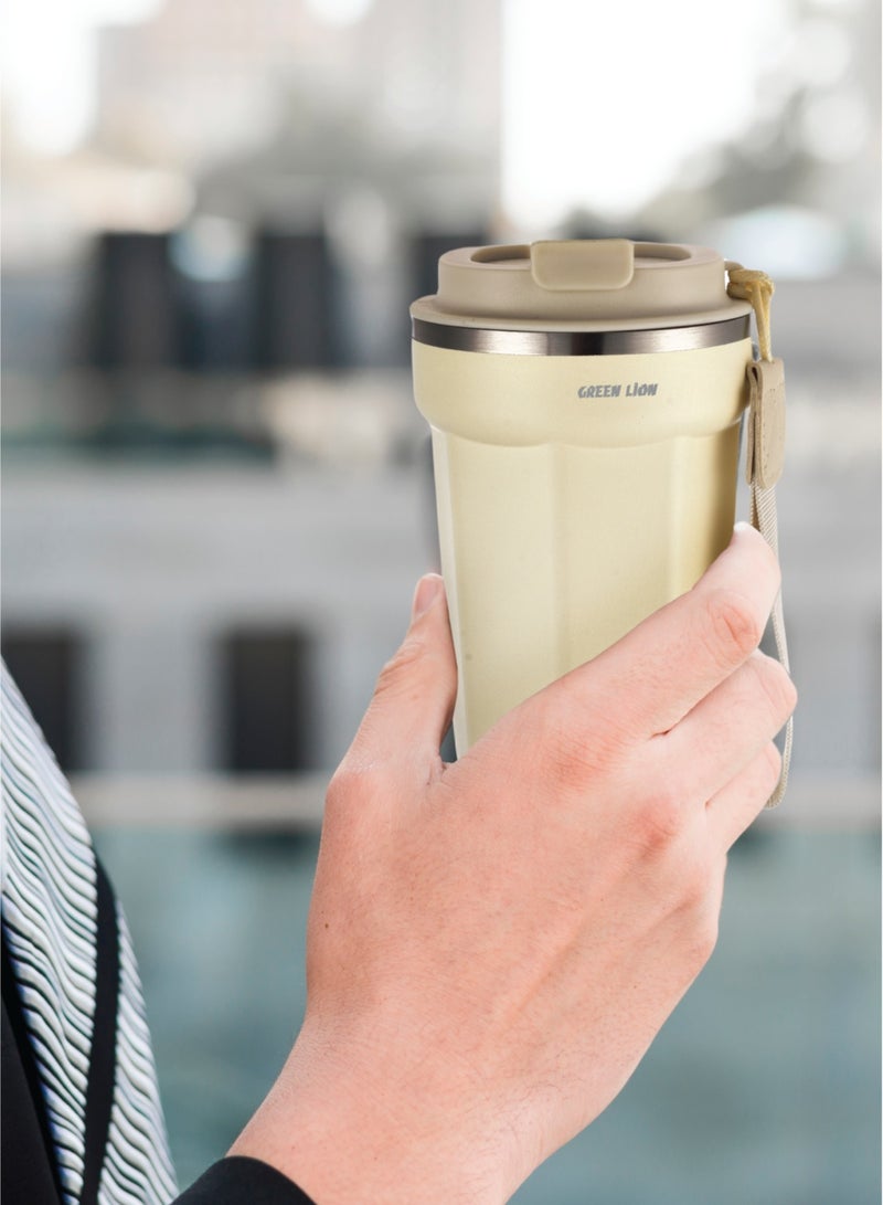 GREEN LION Vacuum Mug 380 ml / Double-Wall Vacuum Insulation / Food-grade Material / 4-6 Hours Hot & Cold Drinks /Bottle Carrier Strap /Coffee/Tea/Chilled Refreshments /For Travel/Work Durable Mug - Beige - Image 2