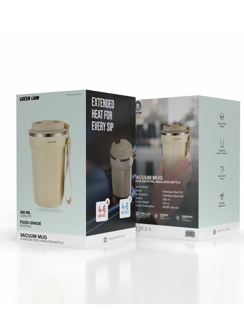GREEN LION Vacuum Mug 380 ml / Double-Wall Vacuum Insulation / Food-grade Material / 4-6 Hours Hot & Cold Drinks /Bottle Carrier Strap /Coffee/Tea/Chilled Refreshments /For Travel/Work Durable Mug - Beige - Image 3