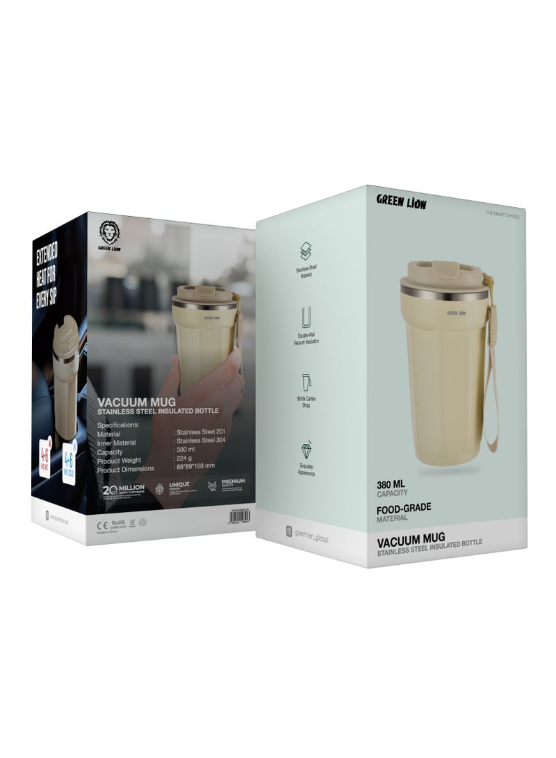 GREEN LION Vacuum Mug 380 ml / Double-Wall Vacuum Insulation / Food-grade Material / 4-6 Hours Hot & Cold Drinks /Bottle Carrier Strap /Coffee/Tea/Chilled Refreshments /For Travel/Work Durable Mug - Beige - Image 4