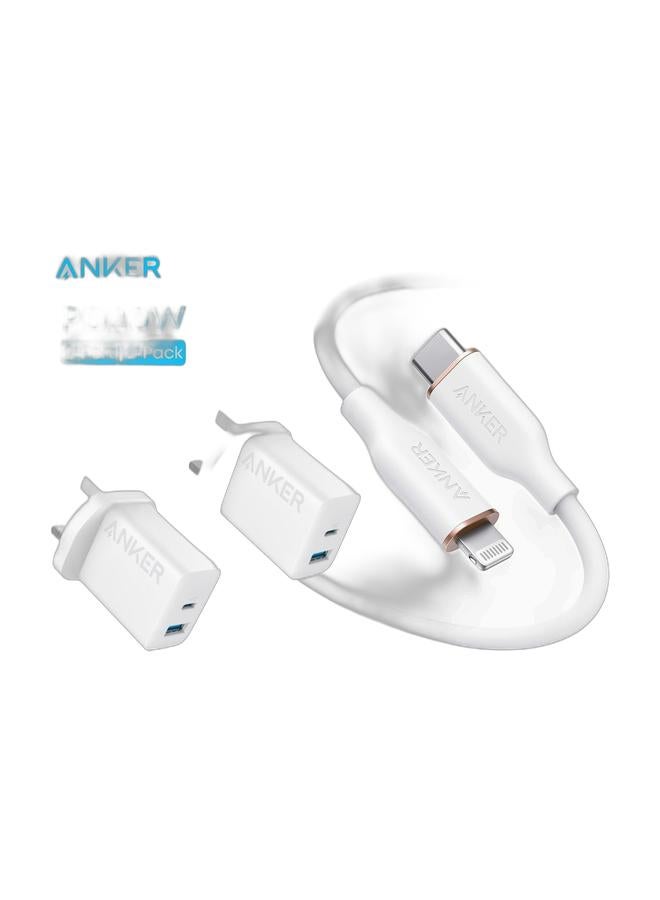 Anker USB C Charger, iPhone Charger, 2-Pack 20W Dual Port USB Fast Wall Charger, Type C Charger Block for iPhone 17/17 Pro/17 Pro Max/16, iPad Pro, AirPods, Samsung S26/S25(Cable Not Included) White White & Anker PowerLine III Flow, 60W USB C to Lightning Cable for iPhone 17/16/15/14 Pro Max/13/12/11/X/XS Max [1.8M, Cloud White] Supports Power Delivery, Silicone Cable White Bundle - Image 1