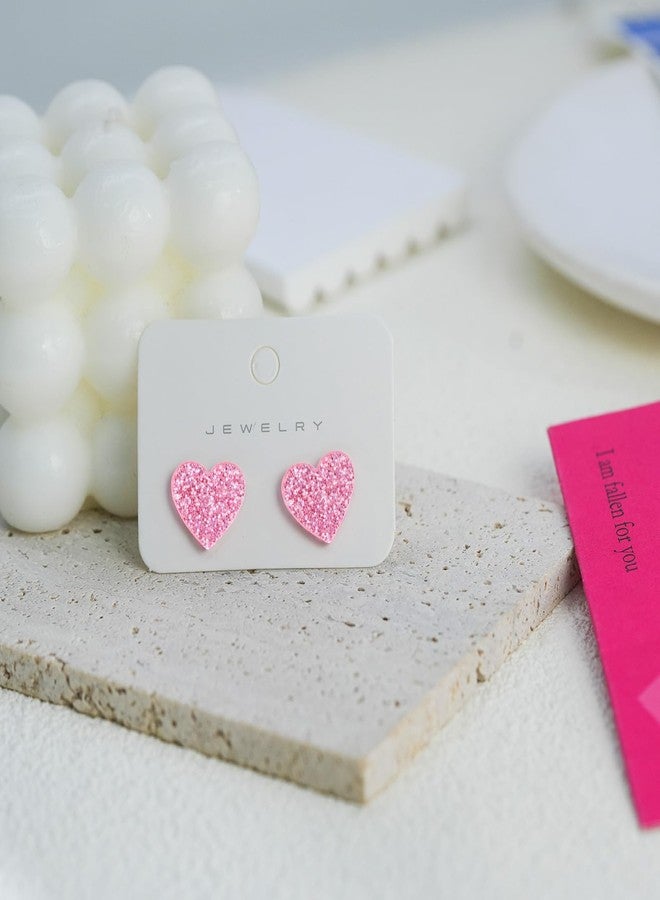 yfstyle Valentines Small Pink Heart Earring Studs Acrylic Glitter Minimalist Heart Earrings Pink for Women Valentines Lover Jewelry Gifts - Image 5