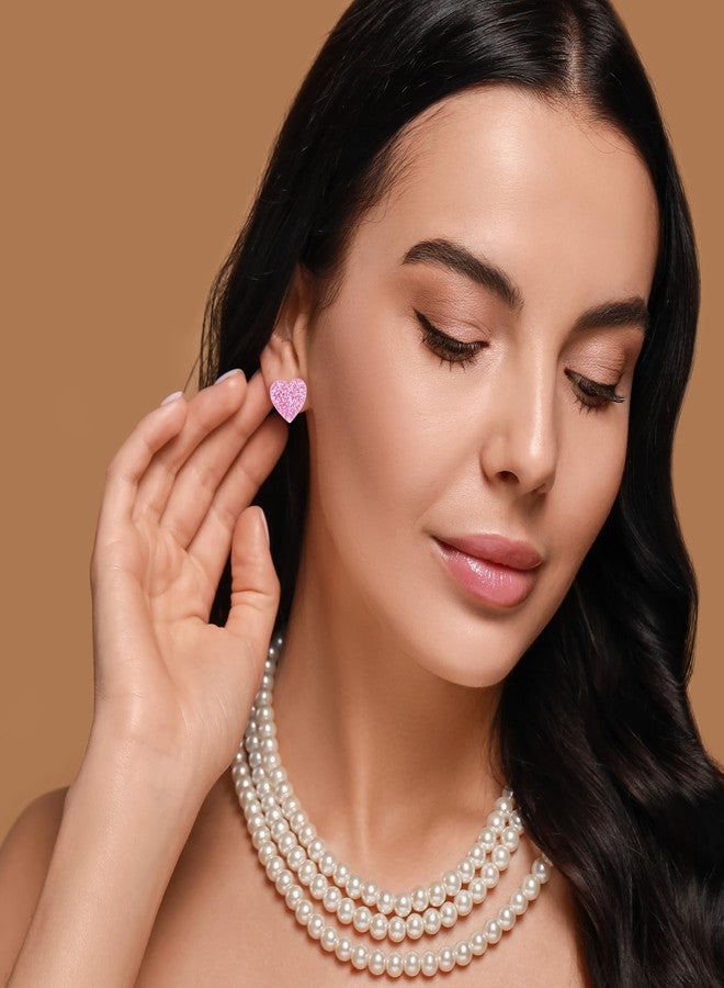 yfstyle Valentines Small Pink Heart Earring Studs Acrylic Glitter Minimalist Heart Earrings Pink for Women Valentines Lover Jewelry Gifts - Image 2