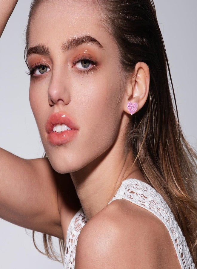 yfstyle Valentines Small Pink Heart Earring Studs Acrylic Glitter Minimalist Heart Earrings Pink for Women Valentines Lover Jewelry Gifts - Image 3