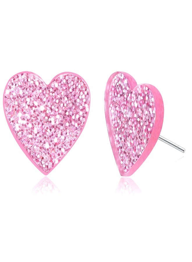 yfstyle Valentines Small Pink Heart Earring Studs Acrylic Glitter Minimalist Heart Earrings Pink for Women Valentines Lover Jewelry Gifts - Image 1