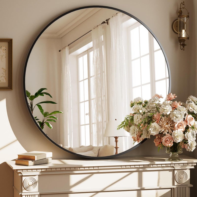XRAMFY 40 Inch Round Mirror - Circle Mirrors for Bathroom, Entryway and Living Room Wall Decor, Modern Hanging Vanity Mirror, Matte Black Circle Decorative Wall Mirror - Image 1