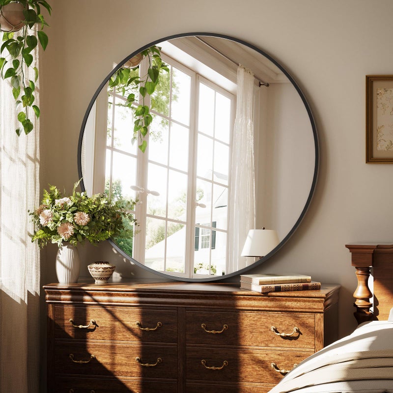 XRAMFY 40 Inch Round Mirror - Circle Mirrors for Bathroom, Entryway and Living Room Wall Decor, Modern Hanging Vanity Mirror, Matte Black Circle Decorative Wall Mirror - Image 2