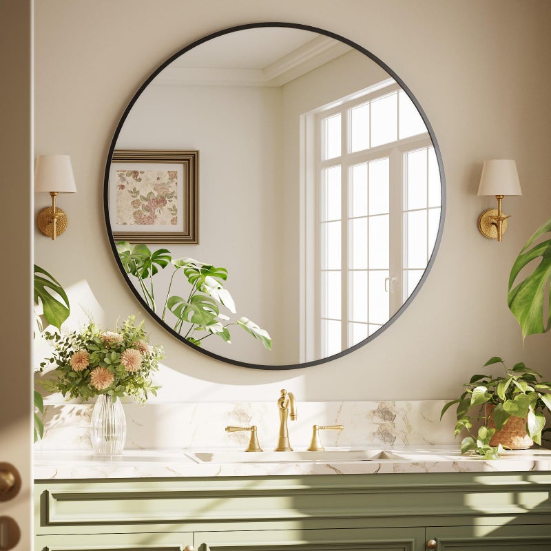 XRAMFY 40 Inch Round Mirror - Circle Mirrors for Bathroom, Entryway and Living Room Wall Decor, Modern Hanging Vanity Mirror, Matte Black Circle Decorative Wall Mirror - Image 3