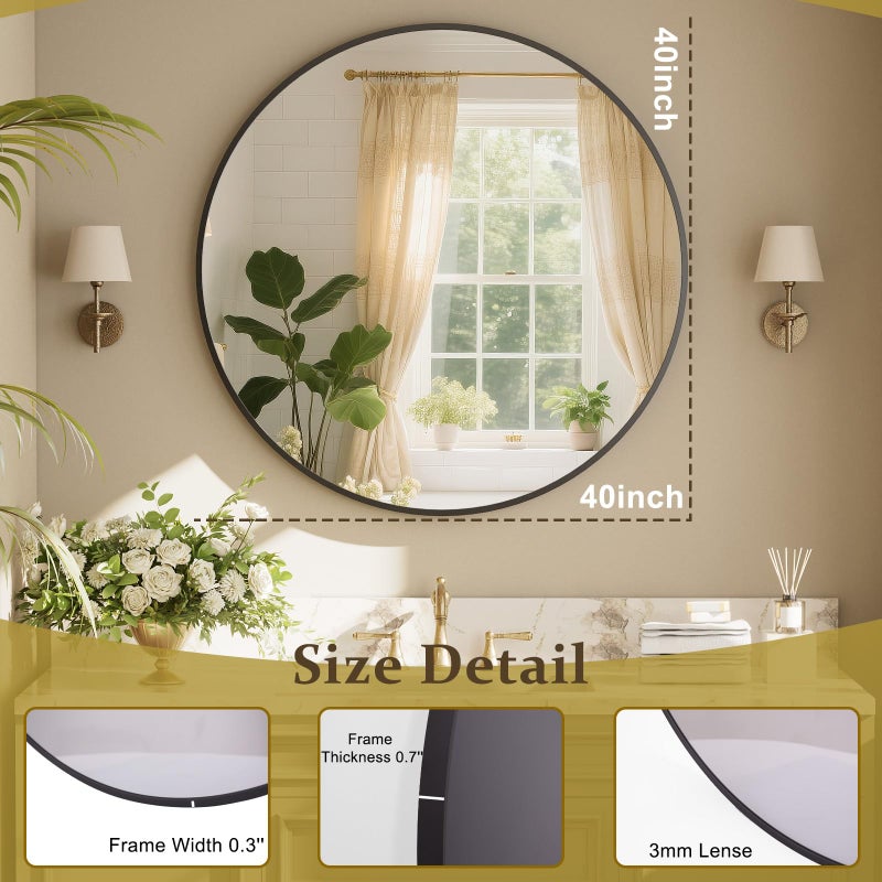 XRAMFY 40 Inch Round Mirror - Circle Mirrors for Bathroom, Entryway and Living Room Wall Decor, Modern Hanging Vanity Mirror, Matte Black Circle Decorative Wall Mirror - Image 4