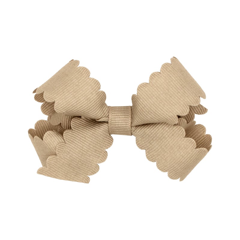 Wee Ones Girls' Classic Grosgrain Hair Bow with Scalloped Edges and Plain Wrap Center on a WeeStay Hair Clip, Mini, Oatmeal - Image 1