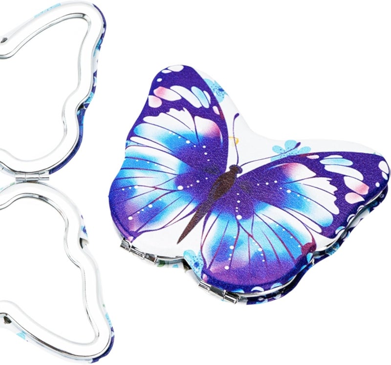 مرآة صغيرة قابلة للطي على شكل فراشة، مرآة زينة صغيرة لطيفة قابلة للطي، مرآة مكياج محمولة للسفر تناسب حقيبة اليد، مرآة تجميل مزدوجة الجوانب للنساء، هدية لمحبي الفراشات (أزرق)