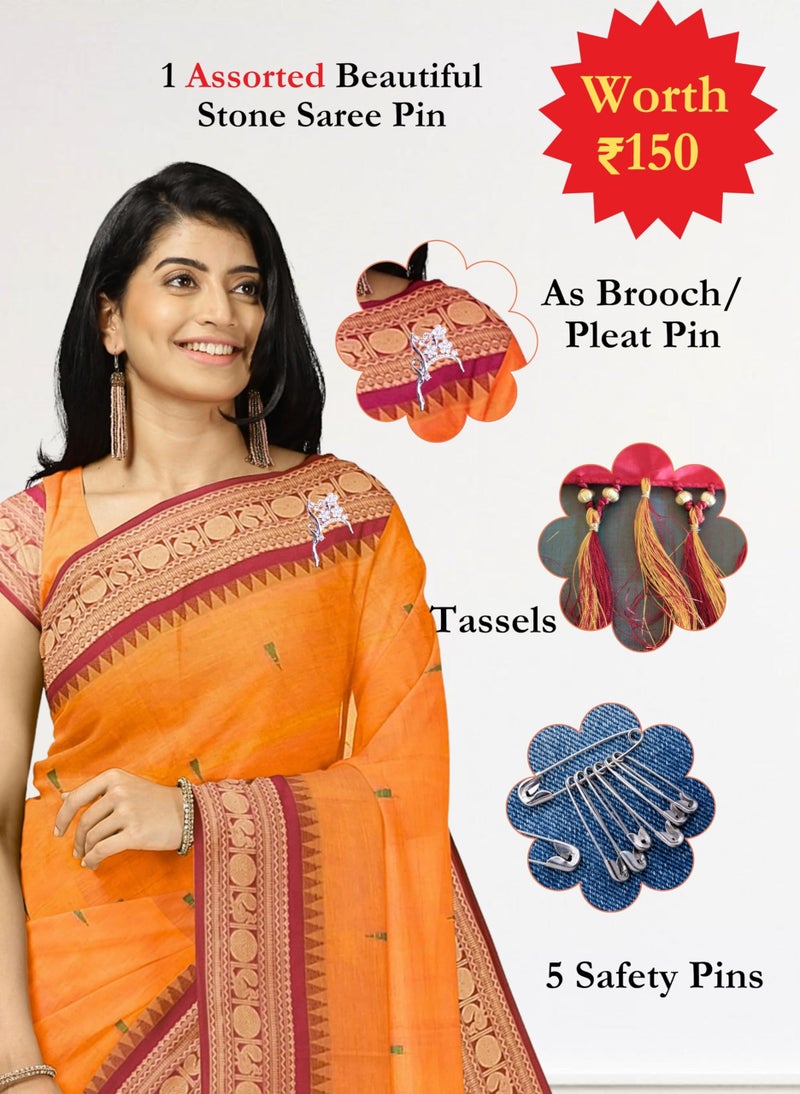 NandaVanam Women's Chettinad Cotton Sarees | Handloom Saree with Blouse | Pure Cotton Sarees for Women Daily use and All Occasion Wear| Soft, Comfort Cotton Saree (Orange1) - Image 3