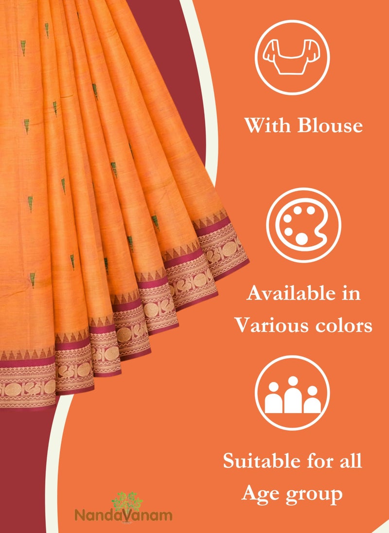 NandaVanam Women's Chettinad Cotton Sarees | Handloom Saree with Blouse | Pure Cotton Sarees for Women Daily use and All Occasion Wear| Soft, Comfort Cotton Saree (Orange1) - Image 5