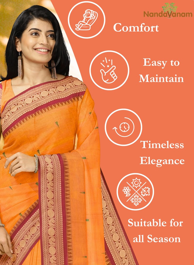 NandaVanam Women's Chettinad Cotton Sarees | Handloom Saree with Blouse | Pure Cotton Sarees for Women Daily use and All Occasion Wear| Soft, Comfort Cotton Saree (Orange1) - Image 4