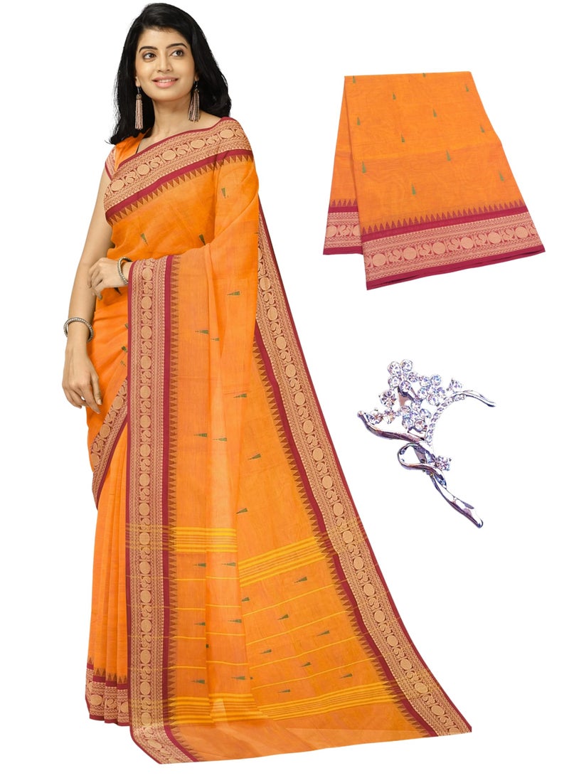 NandaVanam Women's Chettinad Cotton Sarees | Handloom Saree with Blouse | Pure Cotton Sarees for Women Daily use and All Occasion Wear| Soft, Comfort Cotton Saree (Orange1) - Image 1