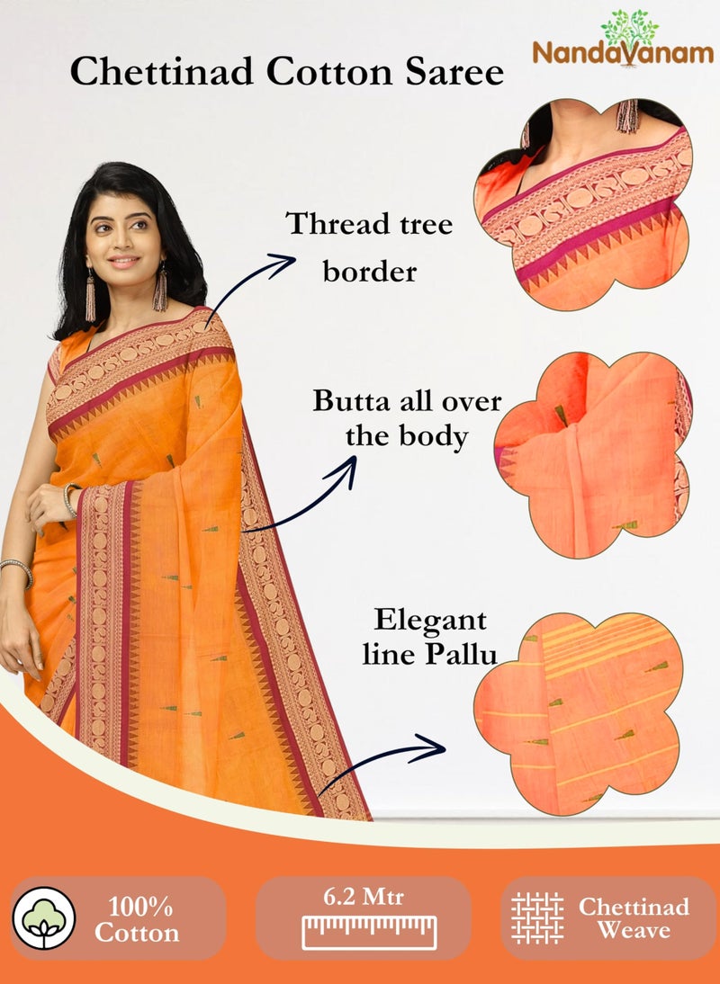 NandaVanam Women's Chettinad Cotton Sarees | Handloom Saree with Blouse | Pure Cotton Sarees for Women Daily use and All Occasion Wear| Soft, Comfort Cotton Saree (Orange1) - Image 2