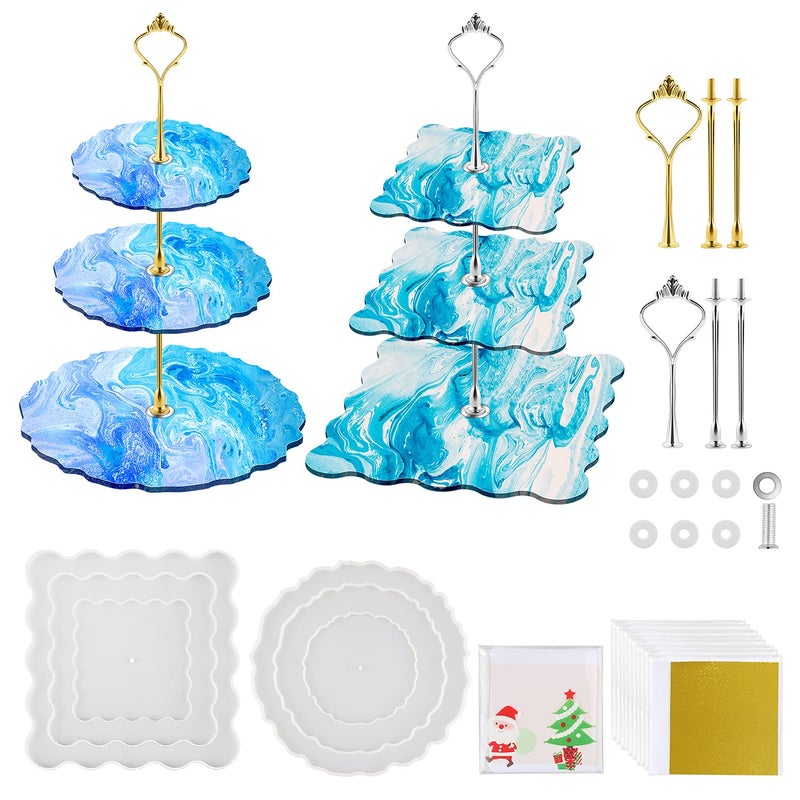 2 Pack 3 Tier Cake Stand Silicone Cake Tray Mold with 6Pcs Crown Brackets and 10 Gold Foils DIY Resin Casting Mold for Making Dessert Platter Serving Stand RoundSquare