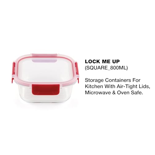 DUBBLIN Lock Me Up Glass Heat Resistant Borosilicate Glass Container 800ml - Square, Clear | Oven, Freezer & Microwave Safe Storage Solution (1 Piece) - Image 2