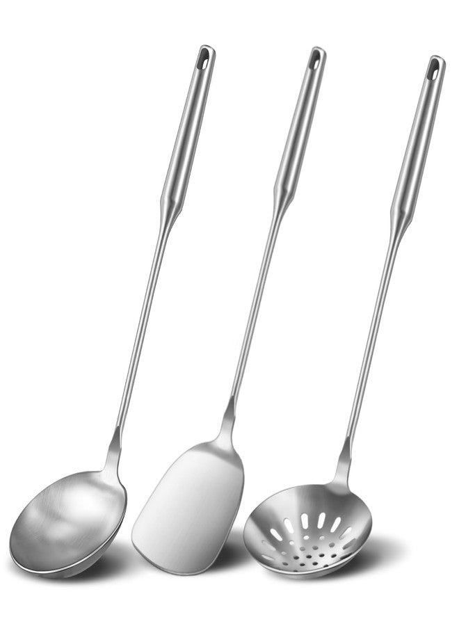 يمي أدوات طهي ووك من الفولاذ الكربوني والفولاذ المقاوم للصدأ، طقم ملاعق ووك من 3 قطع، طقم أدوات ووك احترافي، مقبض مقاوم للحرارة، مغرفة، مغرفة شوربة، هدية مثالية - Image 1