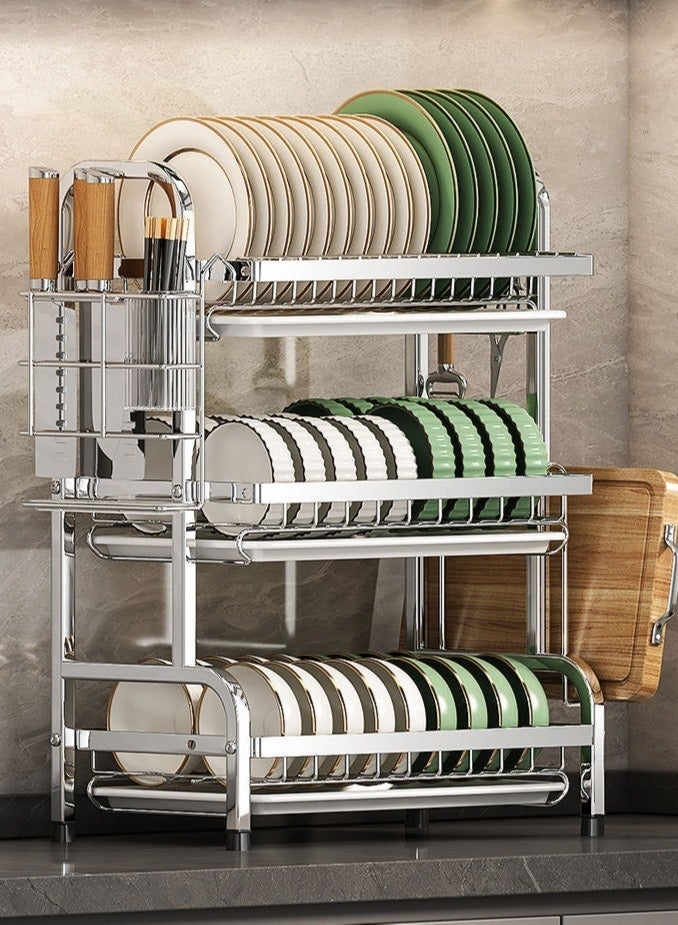 رف تجفيف الأطباق ، رف طبق من الفولاذ المقاوم للصدأ لعداد المطبخ ، 3 طبقات تجفيف طبق المطبخ مع حامل أواني ، 43*23.5*59.8 سم منظمي المطبخ ورف الخزنة ، صرف صدر كبير السعة. - Image 1