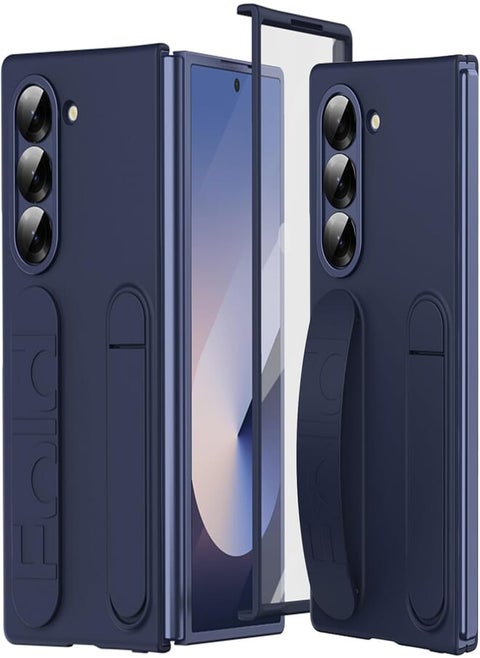 NINKI Compatible for Samsung Galaxy Z Fold 3 Phone Case with Wristband,Shockproof Wrist Strap Cover Phone Case for Galaxy Z Fold 3 5G Case with Stand,Samsung Z Fold 3 Case with Screen Protector Blue