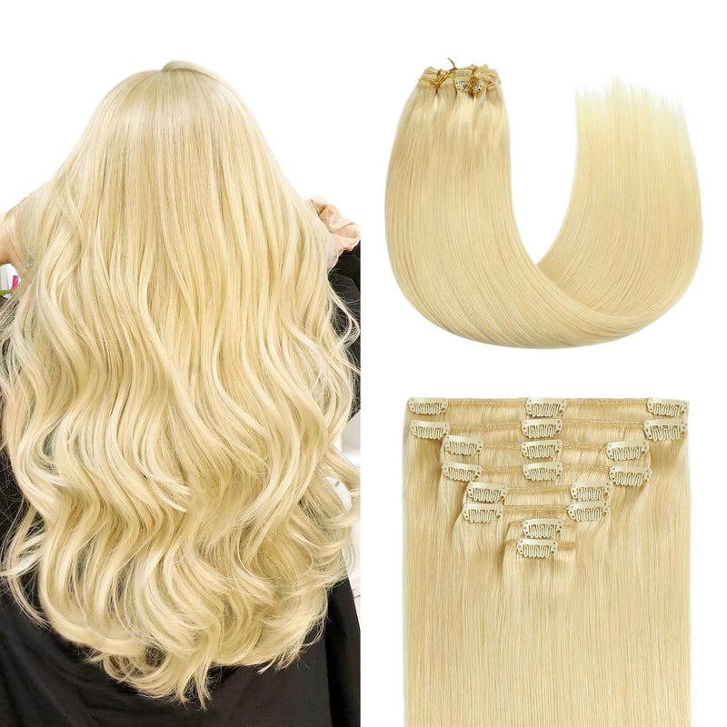 Sunya Clip in Hair Extensions Real Human Hair Bleach Blonde Human Hair Clip in Extensions Double Weft Blonde Human Hair Clip ins Straight Hair Extensions Clip ins 16 Inch 613 8Pcs120g