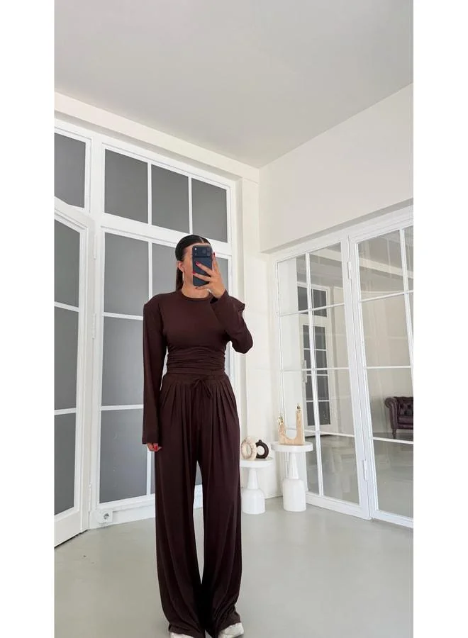 Gaus  Coffee V-Neck Adjustable Waist Blouse and Elastic-Waist Pants Two-Piece Set GAUS-01872. for Women | Best Price UAE