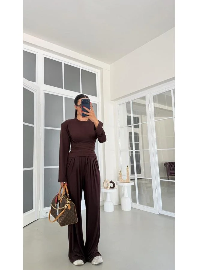 Coffee V-Neck Adjustable Waist Blouse and Elastic-Waist Pants Two-Piece Set GAUS-01872.