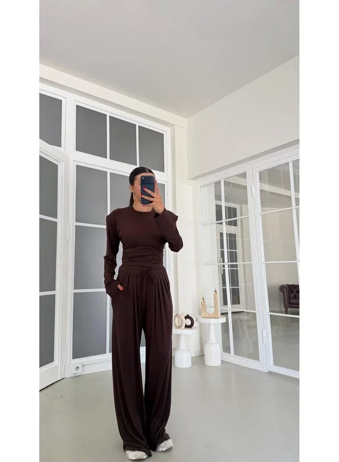 Gaus  Coffee V-Neck Adjustable Waist Blouse and Elastic-Waist Pants Two-Piece Set GAUS-01872. for Women | Best Price UAE