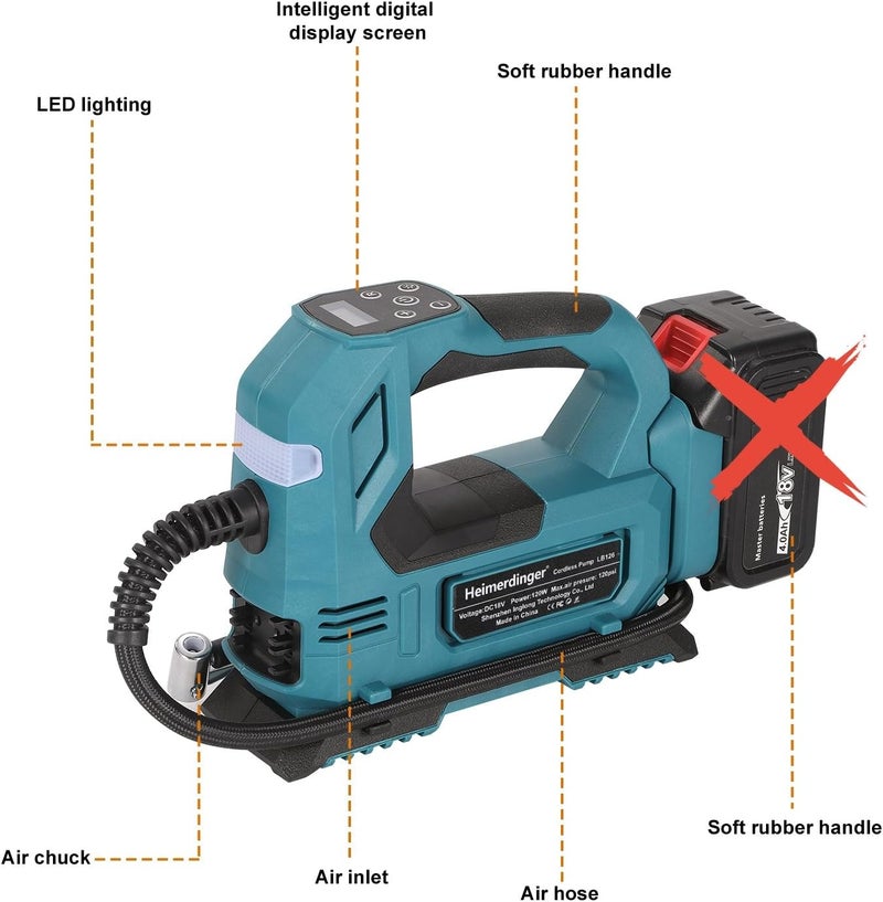 Heimerdinger LB126 Cordless Tire Inflator - 120W Digital Air Pump, 120PSI, 18V, Dual Power Mode - Image 3