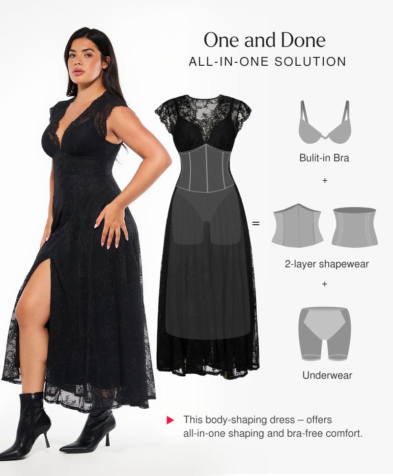 Popilush Formal Dresses for Women Wedding Guest Lace Sleeveless V Neck Maxi Shapewear Dress Evening Mother of Bride Split Dress Black - Image 4