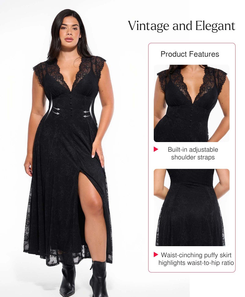 Popilush Formal Dresses for Women Wedding Guest Lace Sleeveless V Neck Maxi Shapewear Dress Evening Mother of Bride Split Dress Black - Image 5