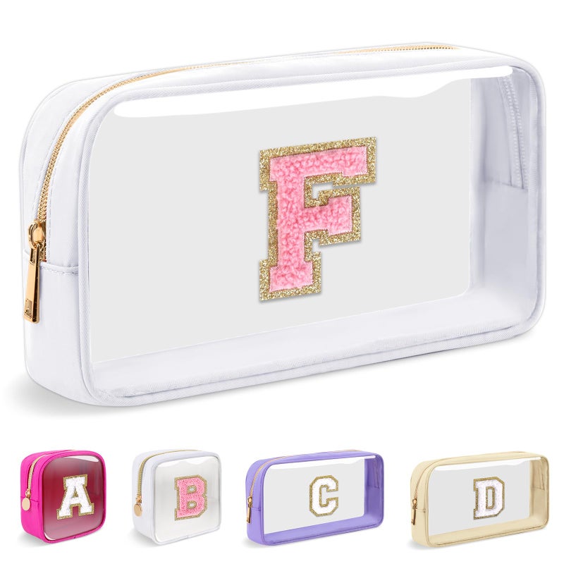 Iqimott Small Clear Personalized Initial Makeup BagNylon Preppy AZ Chenille Letter Patch Cosmetic Pouch Beach Toiletry BagWaterproof Zipper Travel Purse Storage Bag Organizer for Women GirlsWhitePink F - Image 2