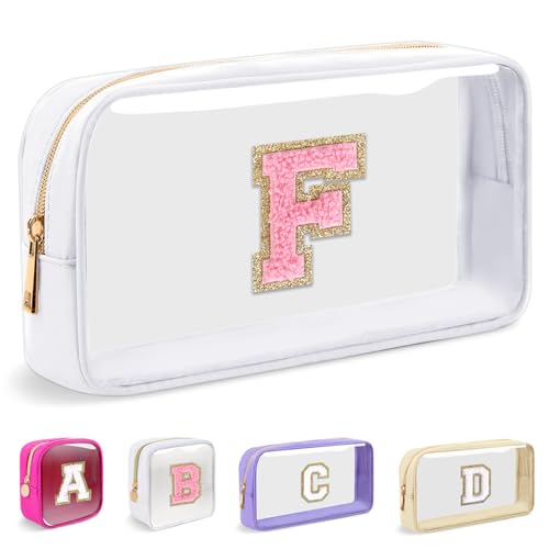 Iqimott Small Clear Personalized Initial Makeup BagNylon Preppy AZ Chenille Letter Patch Cosmetic Pouch Beach Toiletry BagWaterproof Zipper Travel Purse Storage Bag Organizer for Women GirlsWhitePink F - Image 1