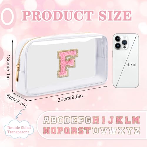 Iqimott Small Clear Personalized Initial Makeup BagNylon Preppy AZ Chenille Letter Patch Cosmetic Pouch Beach Toiletry BagWaterproof Zipper Travel Purse Storage Bag Organizer for Women GirlsWhitePink F - Image 3
