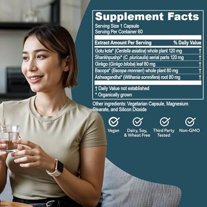 R-U VED Memoren - Bacopa Supplements, Organic Bacopa Monnieri, Gotu Kola, Gingko, & Ashwagandha for Memory & Focus, Cognitive Support Pill for Adults - 60 Servings - Image 3