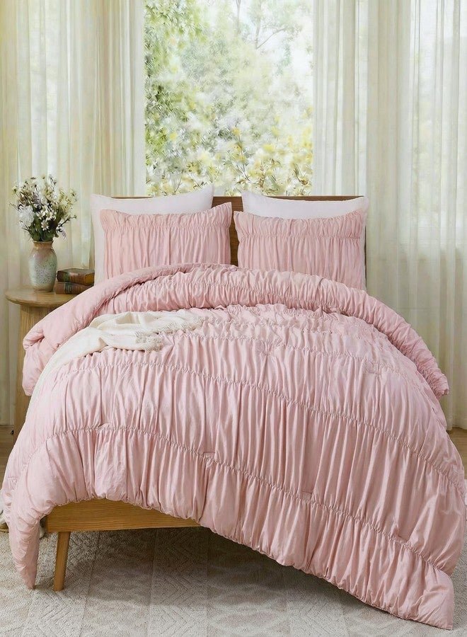 Bedbay 100% Cotton Ruched Duvet Cover King Size,Pink Wrinkle Comforter Cover,Aesthetic Decor Dorm Bedding Set,Pure Cotton 3 Pcs Boho Duvet Cover Set for Adults Girls Teen - Image 2