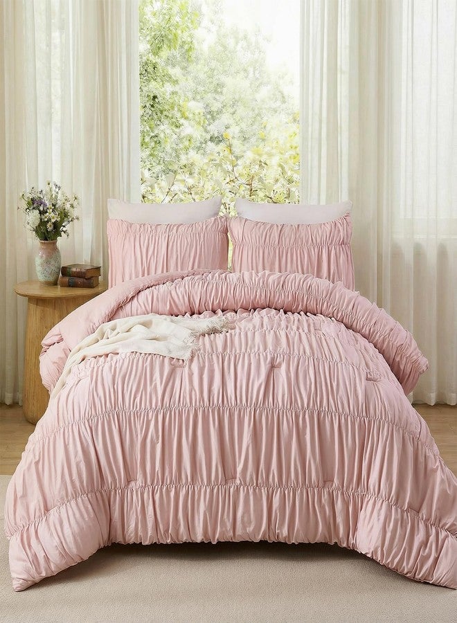 Bedbay 100% Cotton Ruched Duvet Cover King Size,Pink Wrinkle Comforter Cover,Aesthetic Decor Dorm Bedding Set,Pure Cotton 3 Pcs Boho Duvet Cover Set for Adults Girls Teen - Image 1