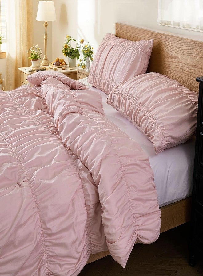 Bedbay 100% Cotton Ruched Duvet Cover King Size,Pink Wrinkle Comforter Cover,Aesthetic Decor Dorm Bedding Set,Pure Cotton 3 Pcs Boho Duvet Cover Set for Adults Girls Teen - Image 3