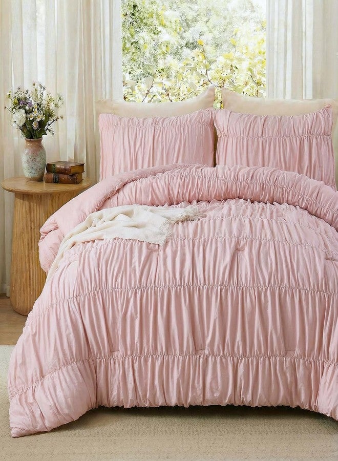 Bedbay 100% Cotton Ruched Duvet Cover King Size,Pink Wrinkle Comforter Cover,Aesthetic Decor Dorm Bedding Set,Pure Cotton 3 Pcs Boho Duvet Cover Set for Adults Girls Teen - Image 5