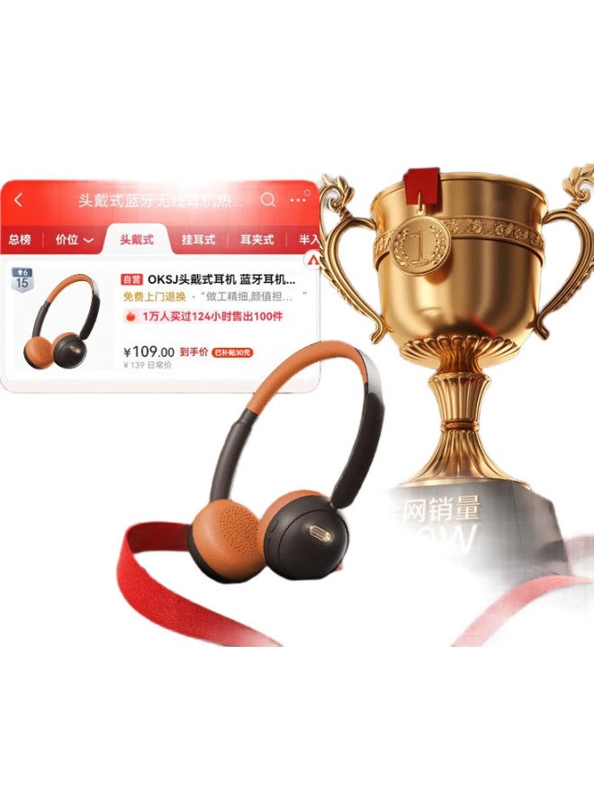 OKSJ Headphones, Bluetooth Wireless, Retro Fashion Digital Wear, Lightweight, High-Quality Sound, Music, Metal, Internet Celebrity Atmosphere, Orange-Brown Color - Image 3
