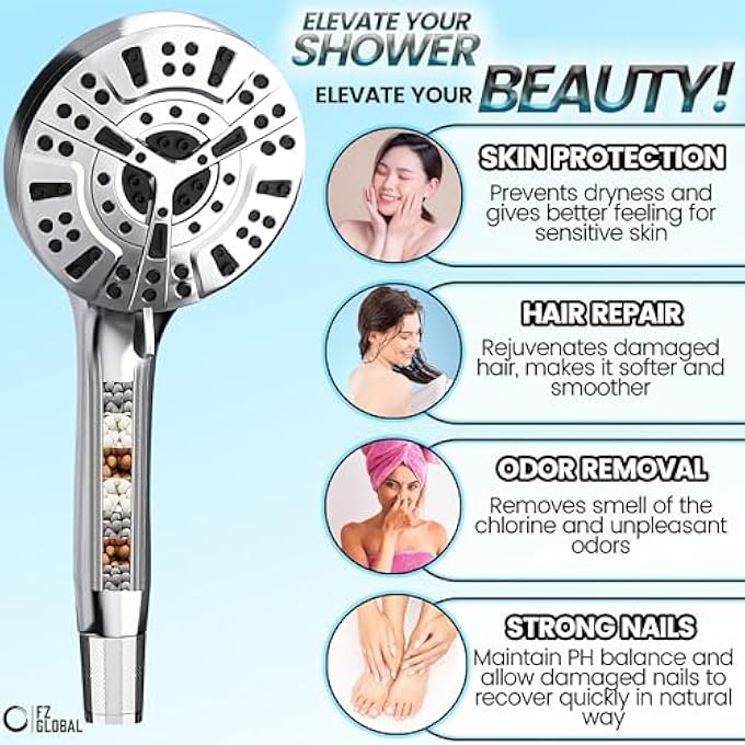 FZ GLOBAL Filtered Shower Head with Handheld 10 Spray Modes Shower Head with Bracket and 15 m Hose High Pressure Water Saving Showerhead with Hard Water Filter Shower Head with Hose - Image 4