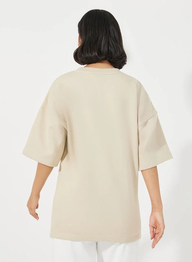 Styli Solid Oversized Dropped Shoulder Fleece T-Shirt